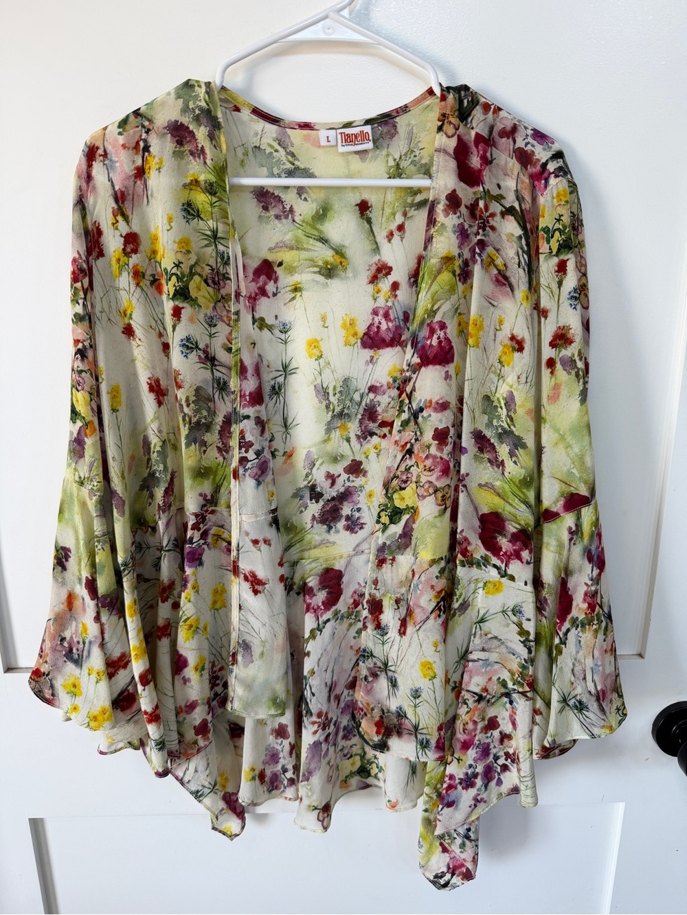Tianello L SilkFloral Open Front Kimono - Cream, Green, Pink